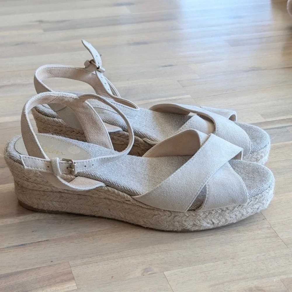 Boden Suede Espadrille Wedge Sandals Beige Platform Ankle Strap Size 40‎ (US 9)